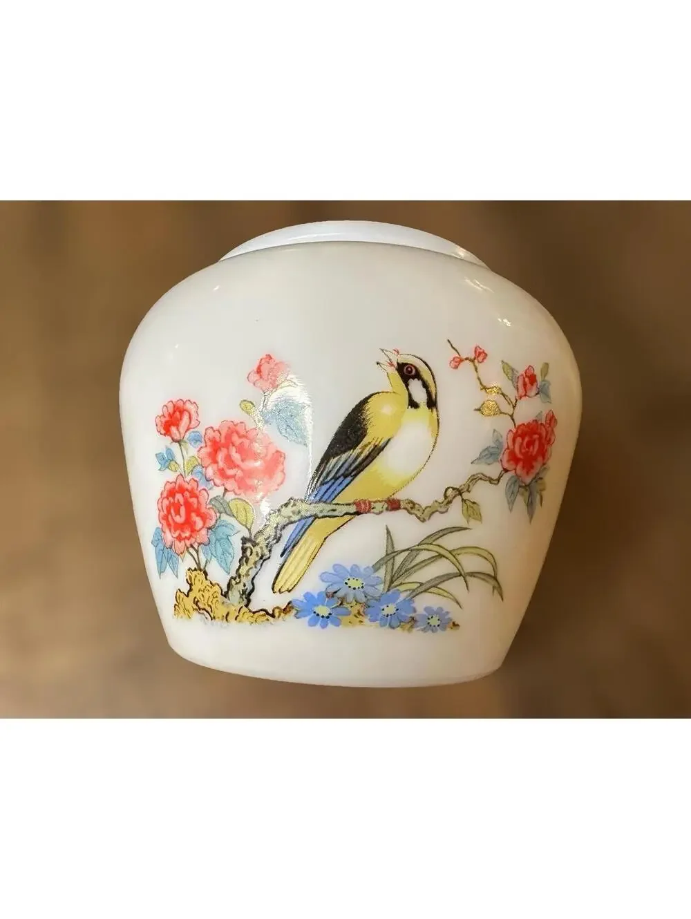 Vintage-Style White Porcelain Lidded Jar with Bird & Floral Motif